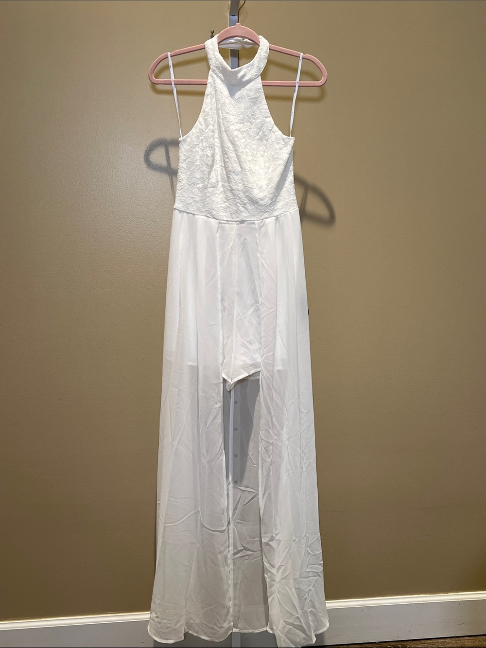 Lulu's White Lace Halter Romper with Sheer High-Low Overlay